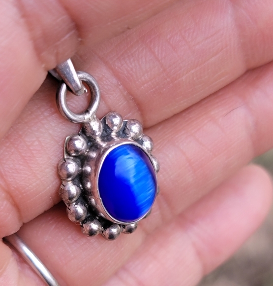 Southwestern 925 sterling silver vintage blue cat's eye necklace pendant - Picture 13 of 16